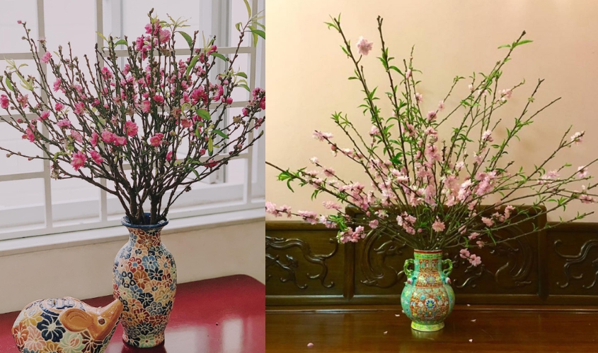 Mẫu cắm hoa đào bình gốm truyền thống