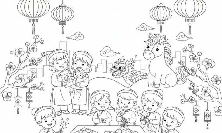 Tranh tô màu ngày tết quê em Tranh tô màu ngày tết quê em