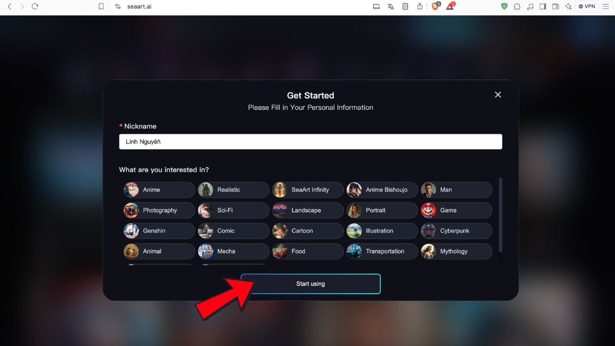 Sau khi xác minh mật khẩu, bạn nhập thông tin cá nhân và có thể bắt đầu sử dụng SeaArt AI.