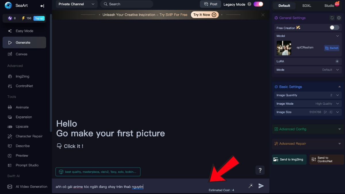 Nhập mô tả và chọn mô hình nghệ thuật, phong cách mà bạn muốn.