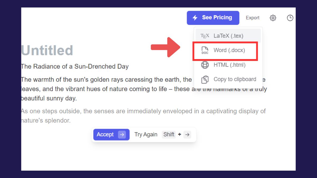 Chọn định dạng văn bản mà bạn muốn lưu (như PDF, DOCX hoặc TXT)