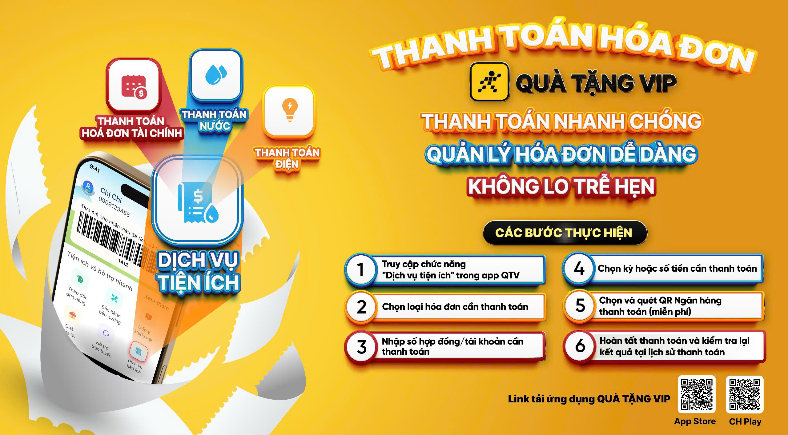 Thanh toán qua app Quà Tặng VIP, quản lý hoá đơn dễ dàng, thao tác nhanh chóng, không lo trễ hẹn