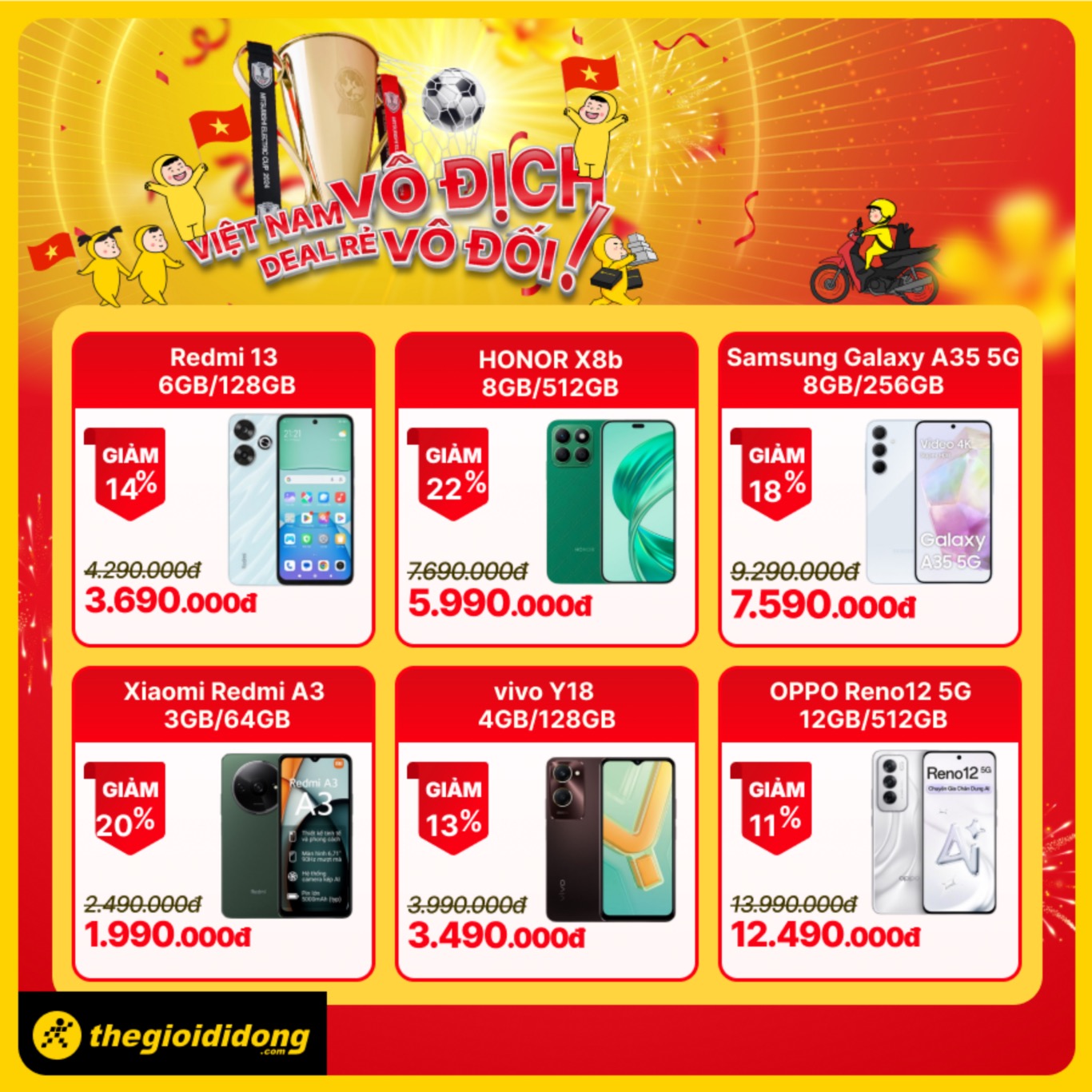 VIỆT NAM VÔ ĐỊCH: Săn deal rẻ vô đối với smartphone đời mới giảm đến 20%, laptop giảm đến 40%, đồng hồ thời trang giảm hơn 50%