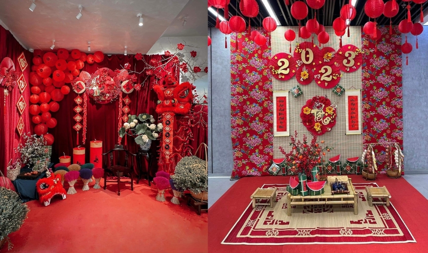 Mẫu trang trí tết sảnh sự kiện đỏ