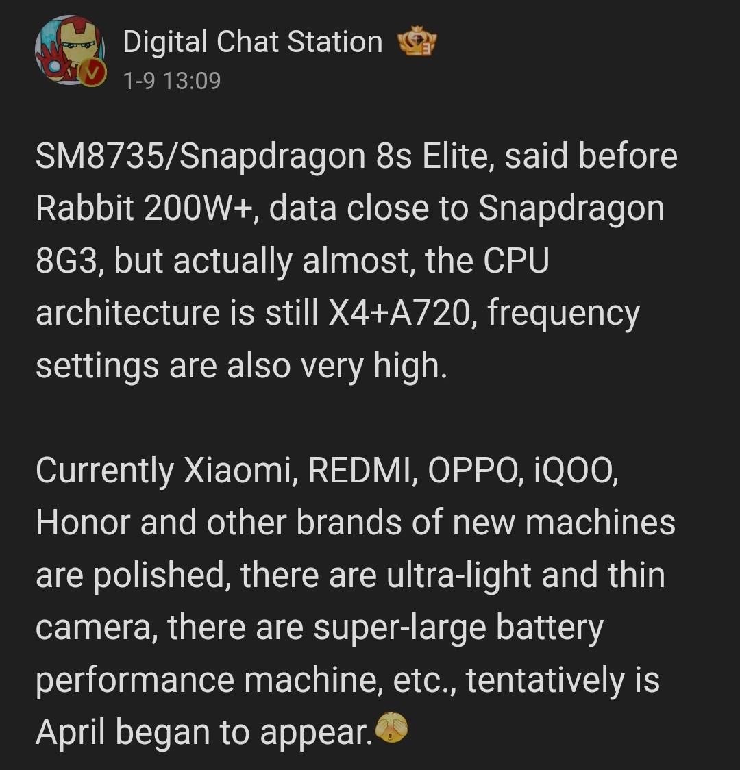 Bài đăng của leaker Digital Chat Station hé lộ nhiều chi tiết kỹ thuật của chip Snapdragon 8s Elite.