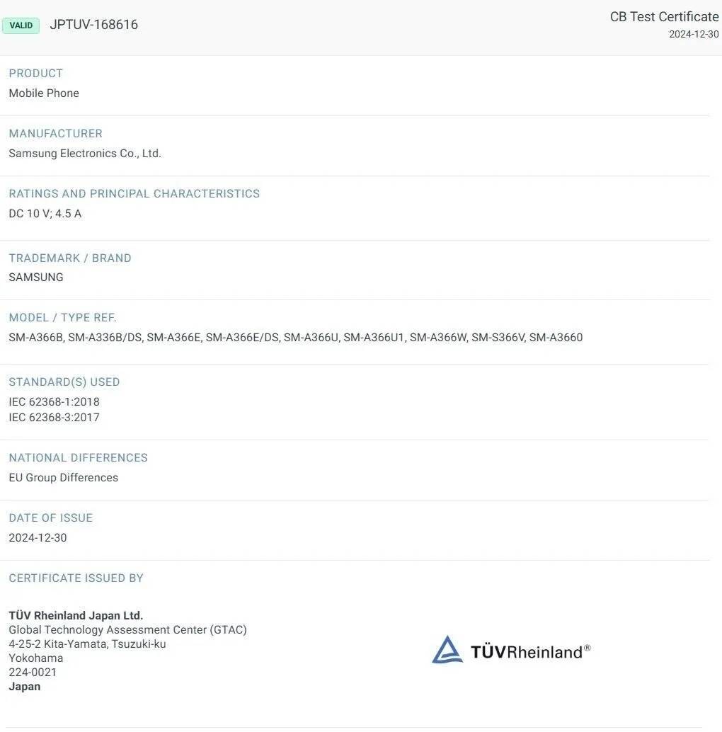 Chứng nhận TUV Rheinland hé lộ nhiều chi tiết kỹ thuật của Galaxy A36 5G.
