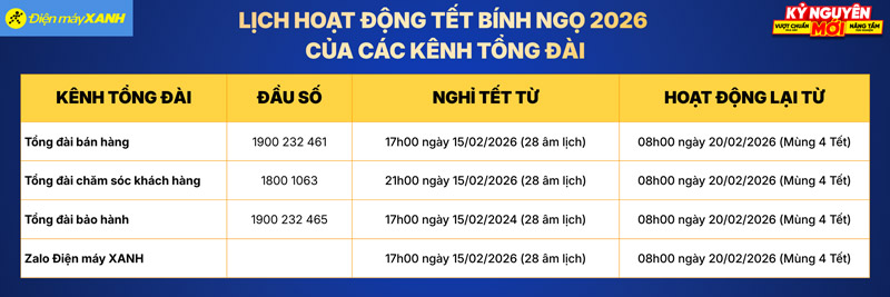 LỊCH PHỤC VỤ TẾT B&Iacute;NH NGỌ 2026 TẠI ĐIỆN M&Aacute;Y XANH