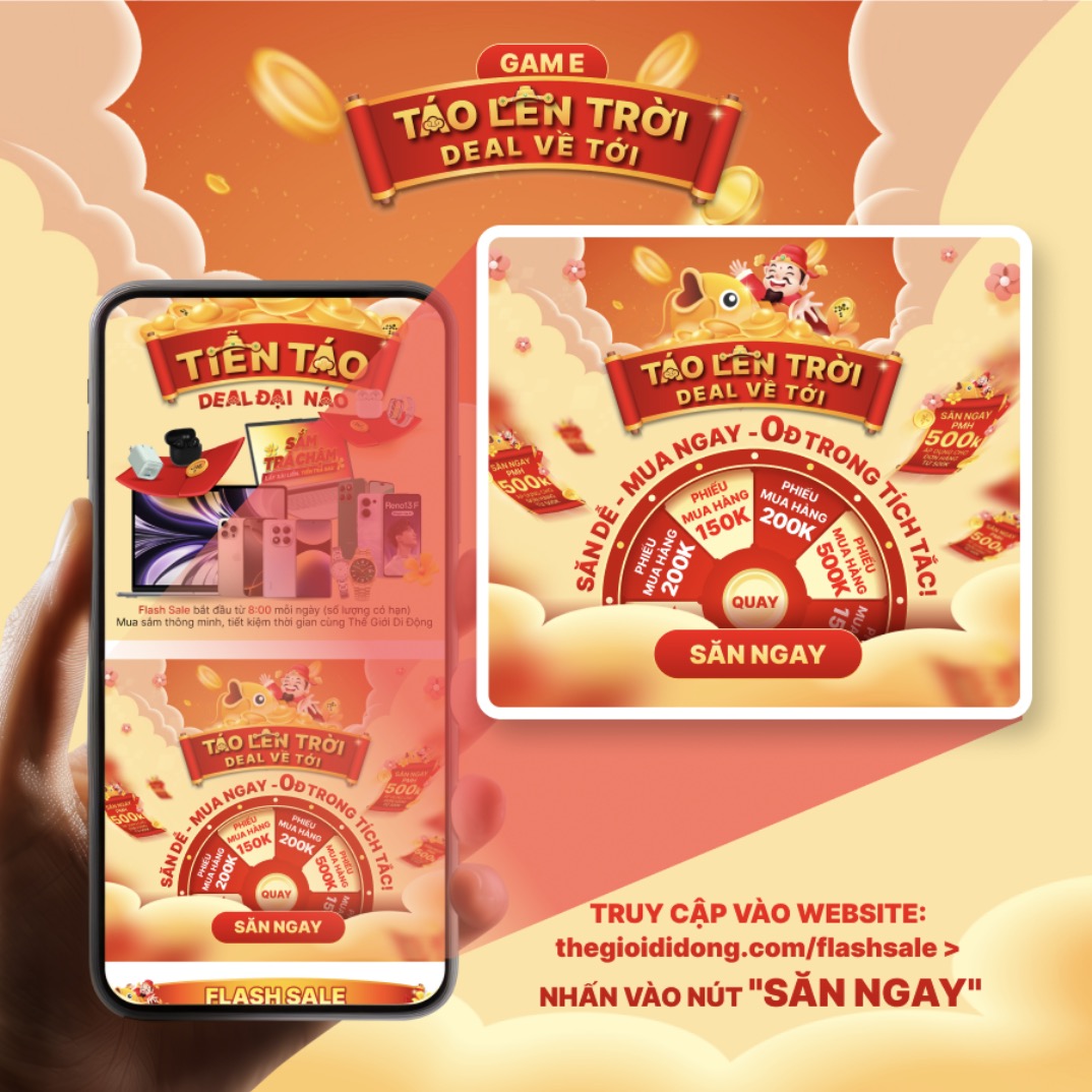 Táo lên trời - Deal về tới: Quay số săn phiếu mua hàng đến 500K, mua ngay 0 đồng trong tích tắc