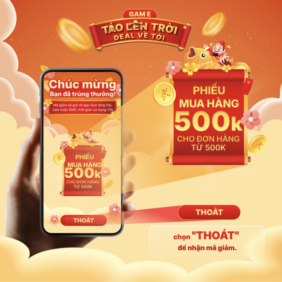 Táo lên trời - Deal về tới: Quay số săn phiếu mua hàng đến 500K, mua ngay 0 đồng trong tích tắc