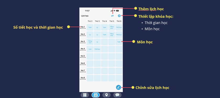 Các tính năng đặt lịch học Các chức năng trong phần lịch học