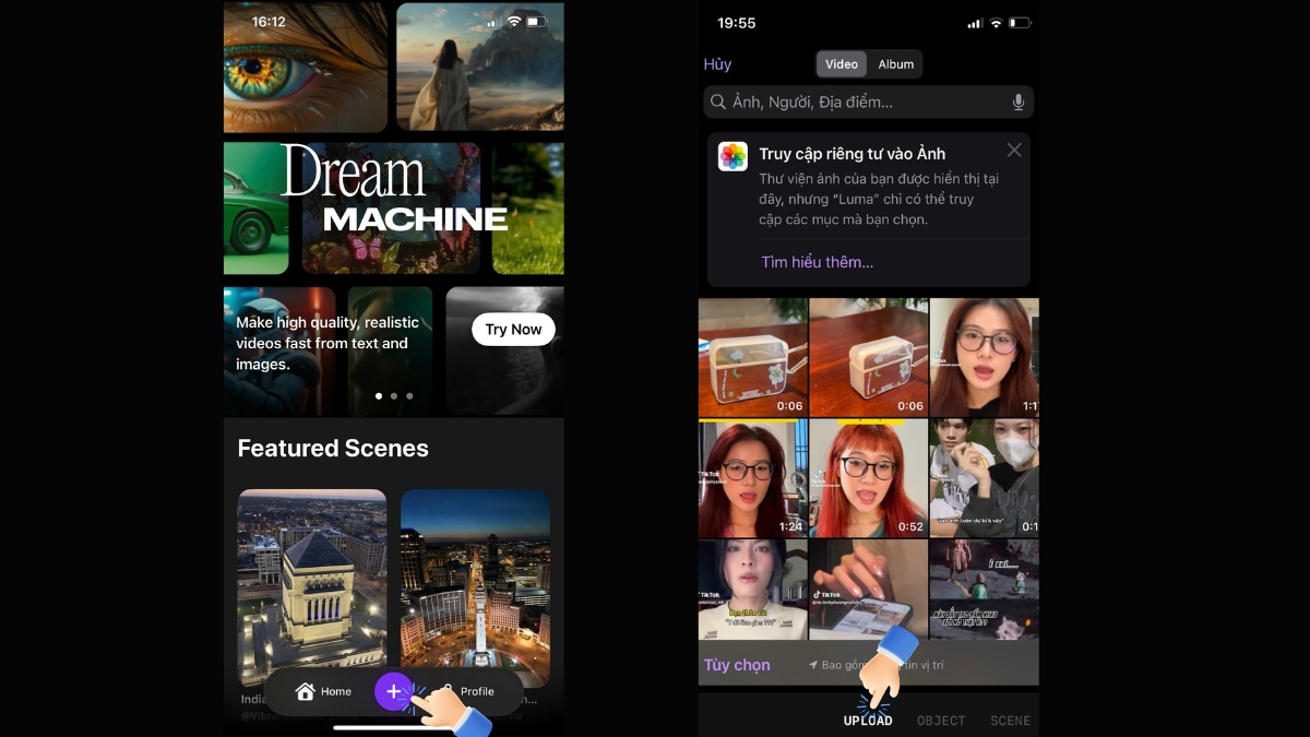 Chọn biểu tượng dấu cộng ở dưới màn hình và bấm vào Upload. Chọn biểu tượng dấu cộng ở dưới màn hình và bấm vào Upload.