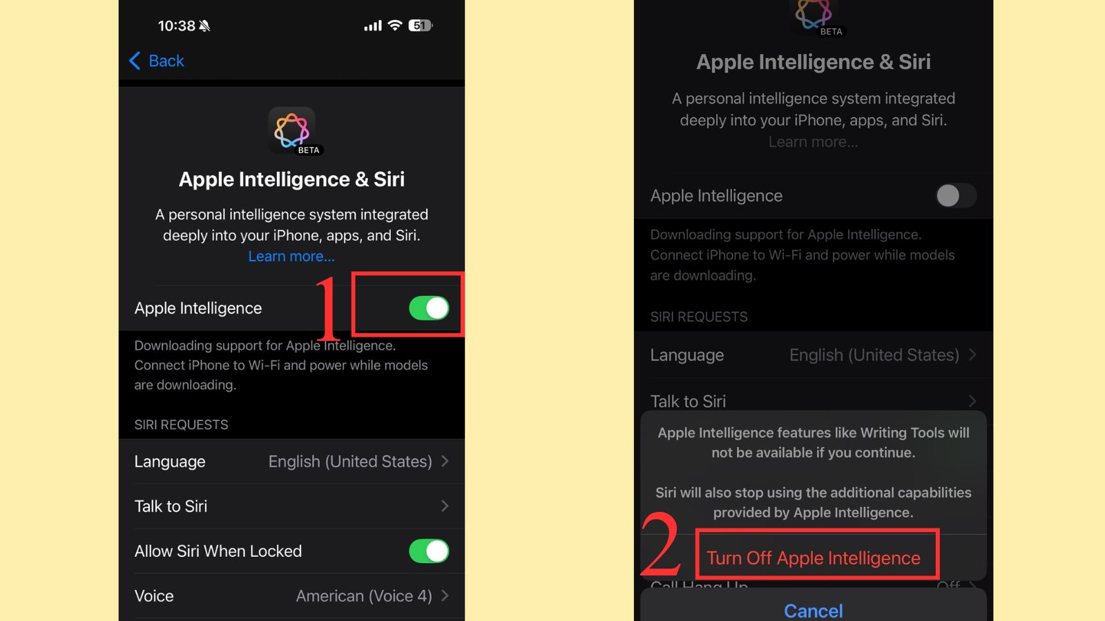 Chạm Apple Intelligence > gạt sang trái để tắt