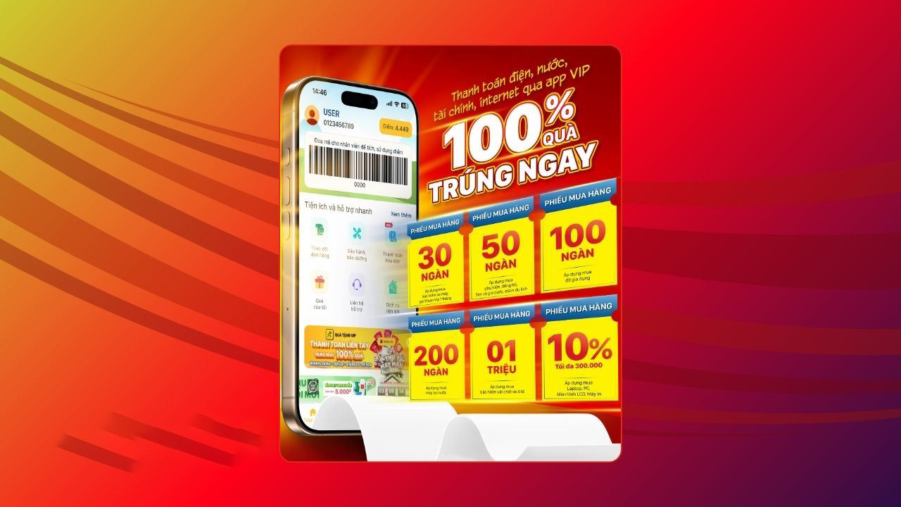 Thanh Toán Hóa Đơn Điện, Nước, Tài Chính: 100% Trúng Quà Khi Thanh Toán Qua App Quà Tặng Vip Thanh Toán Hóa Đơn Điện, Nước, Tài Chính: 100% Trúng Quà Khi Thanh Toán Qua App Quà Tặng Vip