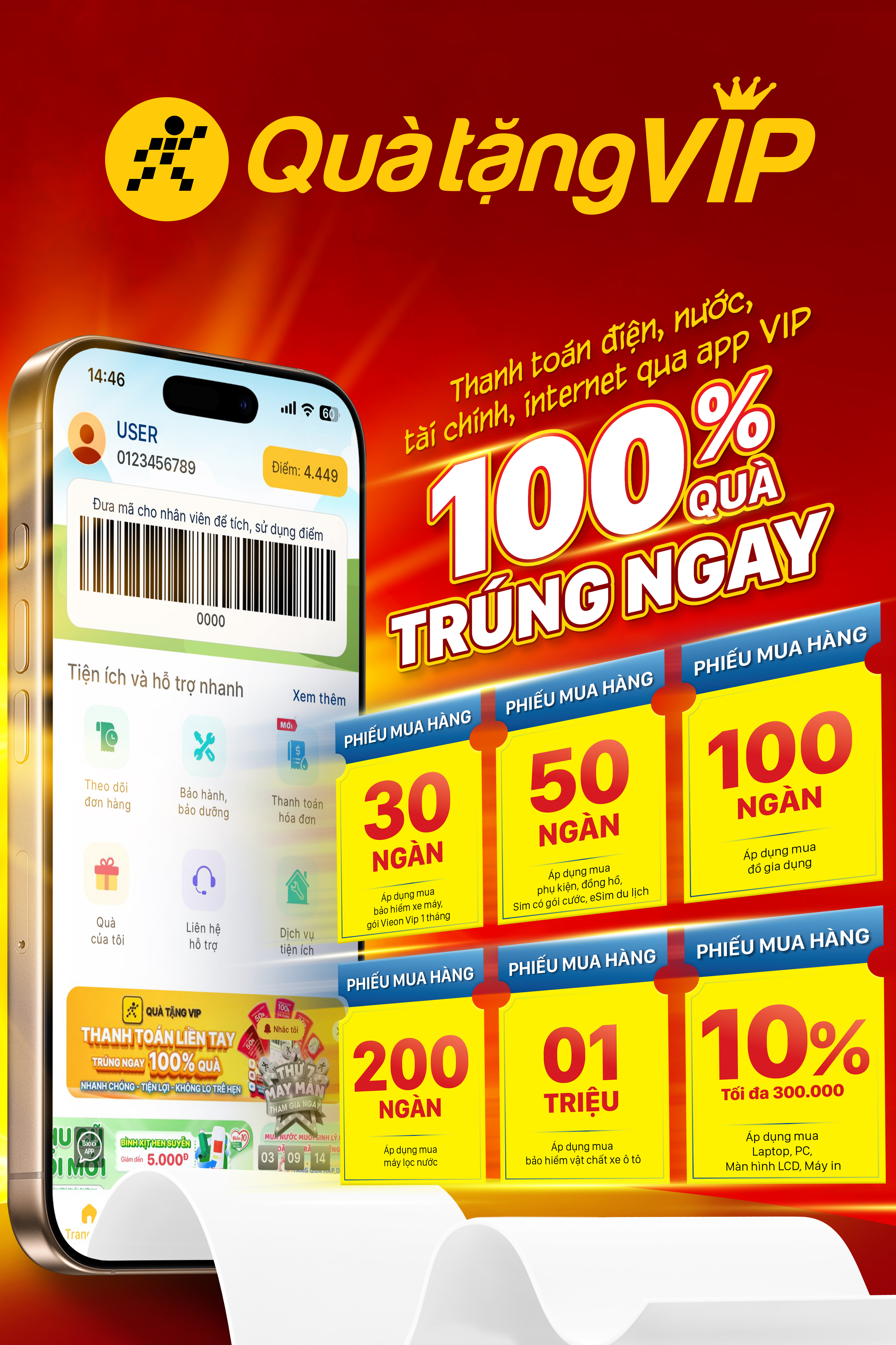 Thanh Toán Hóa Đơn Điện, Nước, Tài Chính: 100% Trúng Quà Khi Thanh Toán Qua App Quà Tặng Vip Thanh Toán Hóa Đơn Điện, Nước, Tài Chính: 100% Trúng Quà Khi Thanh Toán Qua App Quà Tặng Vip