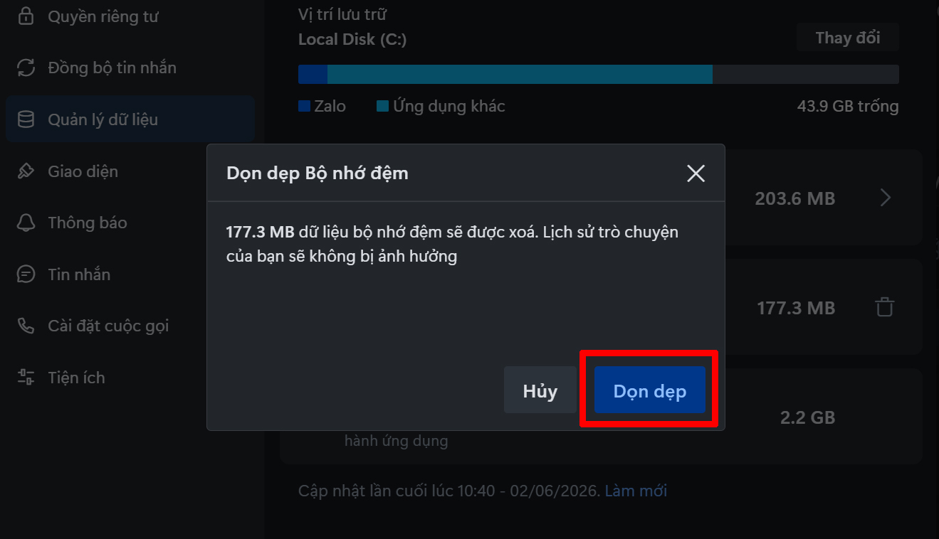 Cách dọn dẹp bộ nhớ Zalo trên máy tính
