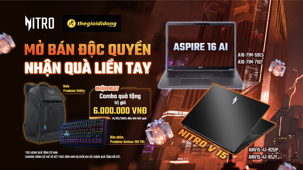 Thế Giới Di Động mở bán độc quyền Acer Nitro V | Aspire 16, tặng bàn phím và balo cực giá trị