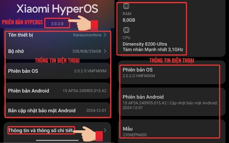 Kiểm tra tên và dòng máy Xiaomi: Vào cài đặt, vào Giới thiệu điện thoại, chọn Thông tin và thông số chi tiết
