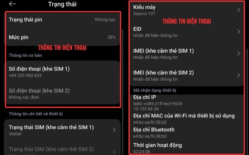 Kiểm tra tên và dòng máy Xiaomi: Từ Thông tin và thông số chi tiết, chọn Trạng thái