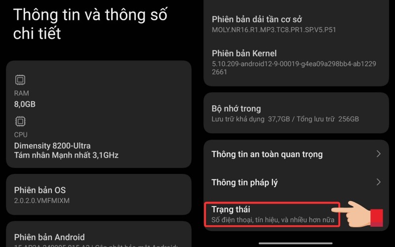 Trong Thông tin và số chi tiết, kéo xuống chọn Trạng thái