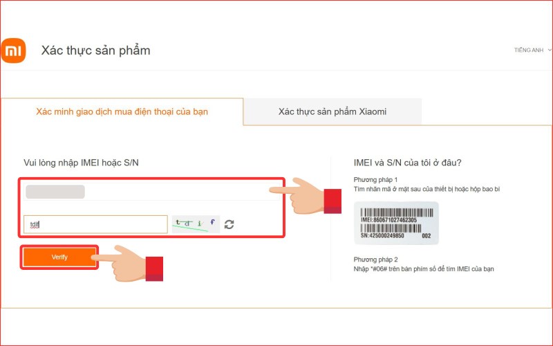 Truy cập web www.mi.com, nhập số IMEI, nhập mã xác nhận và bấm Verify
