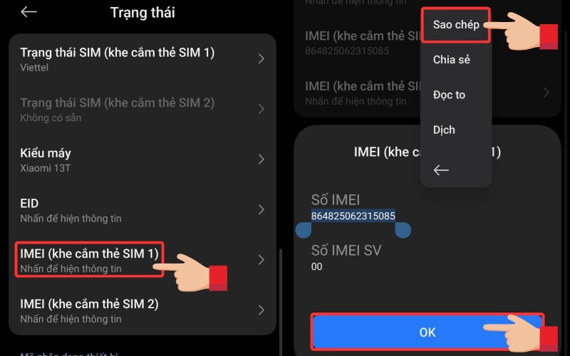 Trong Trạng thái, chọn IME, sao chép mã IMEI