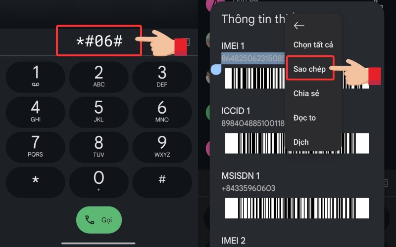 Bấm *#06# trên bàn phím gọi, sao chép mã IMEI