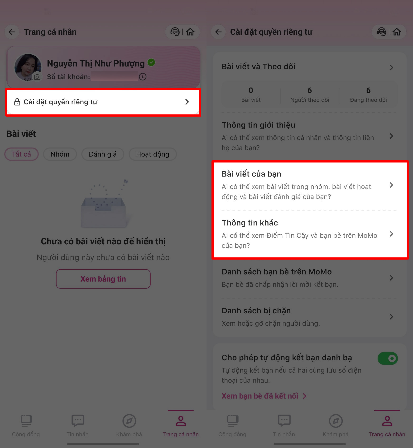 Cách không cho người khác xem bạn bè trên MoMo