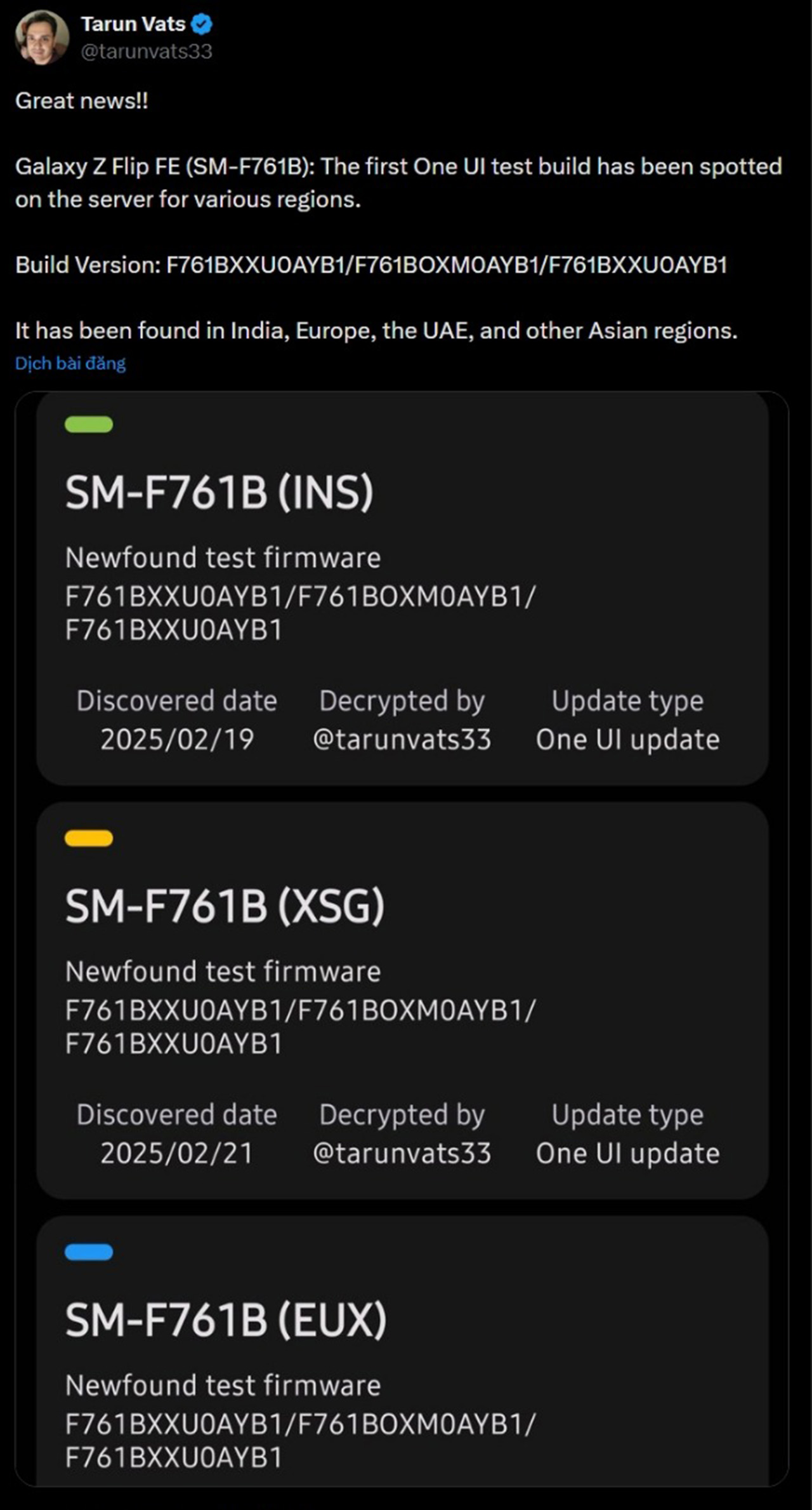 Leaker Tarun Vats đã chia sẻ thông tin này trên X/Twitter.
