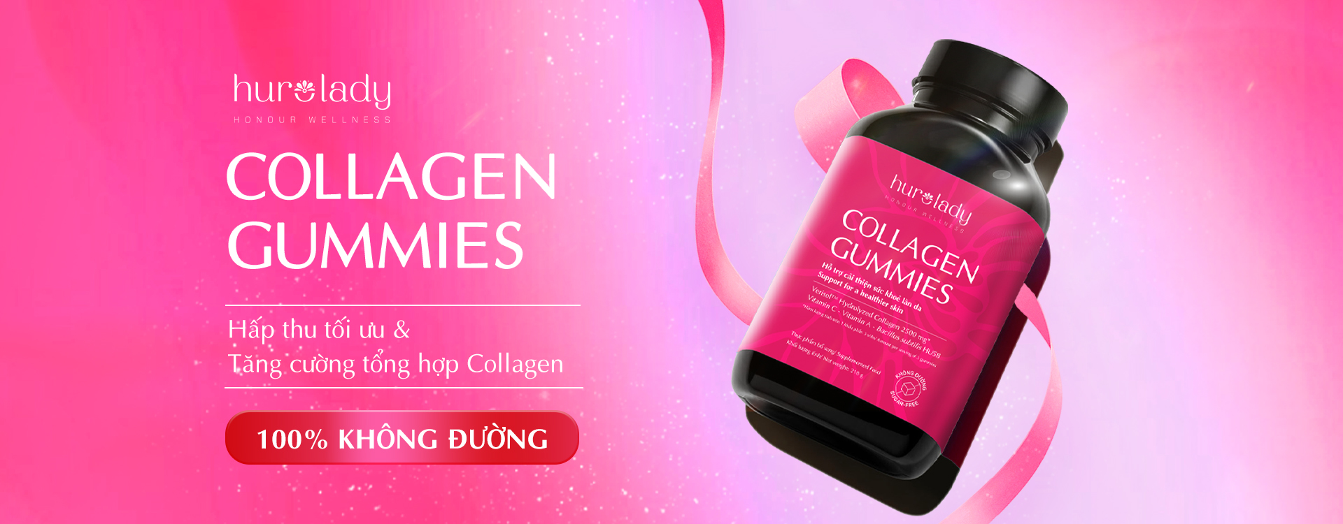 Kẹo Dẻo Huro Lady Collagen 100% Không Đường Hũ 210g