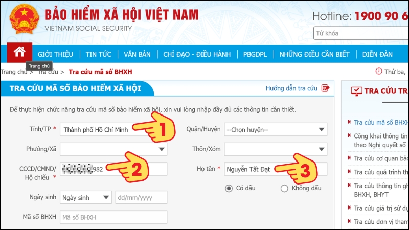 Bước 2: Điền tối thiểu 3 thông tin gồm: (1) Tỉnh/Thành Phố, (2) CCCD/CMND/Hộ chiếu, (3) Họ tên.