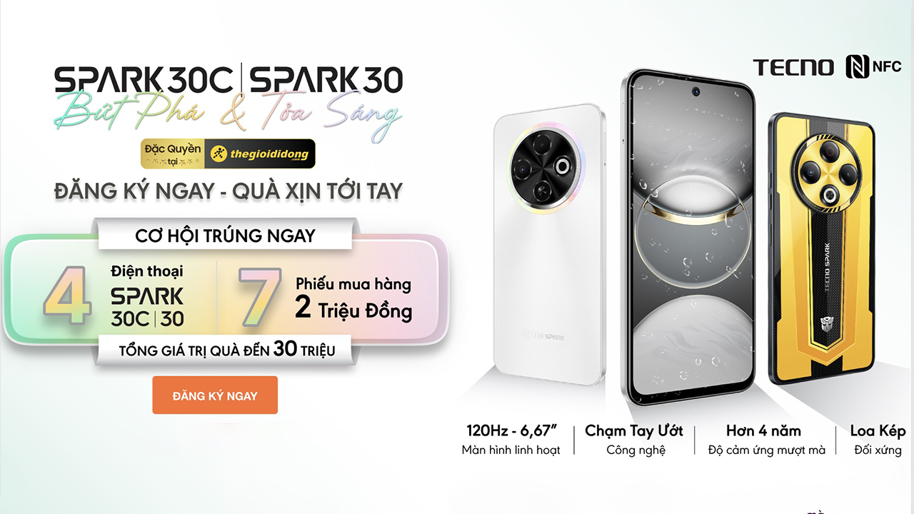 Hotsale mở bán Tecno Spark 30 series: Giảm liền 300K, tặng tai nghe phiên bản Transformer