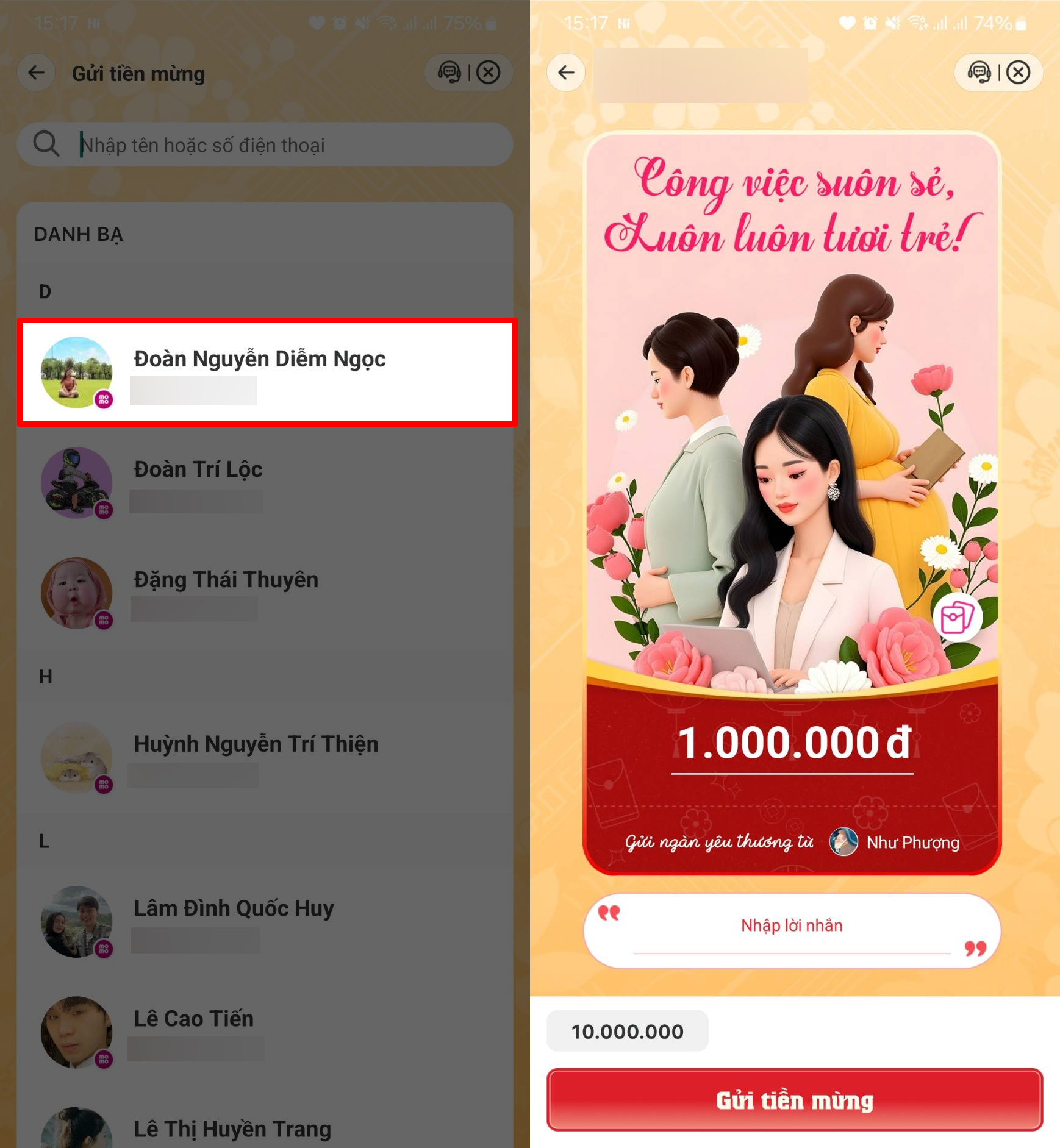 Cách gửi thiệp mừng 8/3 trên MoMo