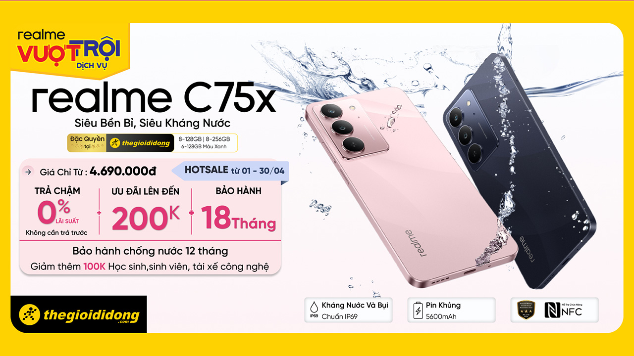 Hotsale realme C75x: Tặng phiếu mua hàng 200K, trả chậm 0% lãi suất, bảo hành 18 tháng