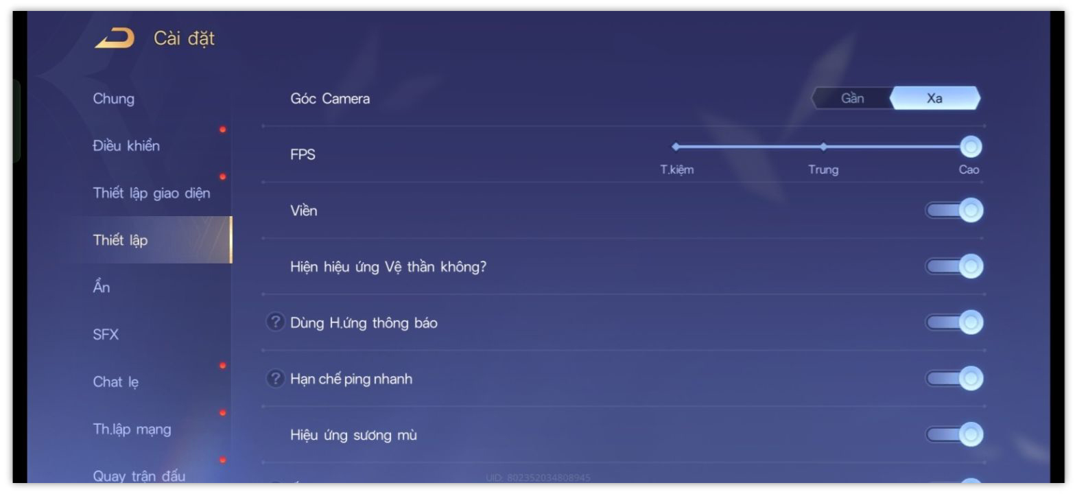 Thiết lập đồ họa trong Liên Quân Mobile mà mình đã chỉnh trên OPPO A5 Pro 5G