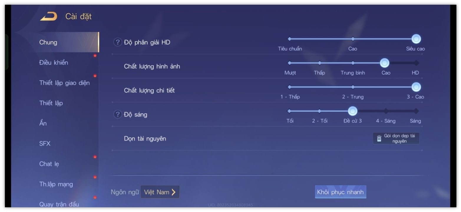 Thiết lập đồ họa trong Liên Quân Mobile mà mình đã chỉnh trên OPPO A5 Pro 5G