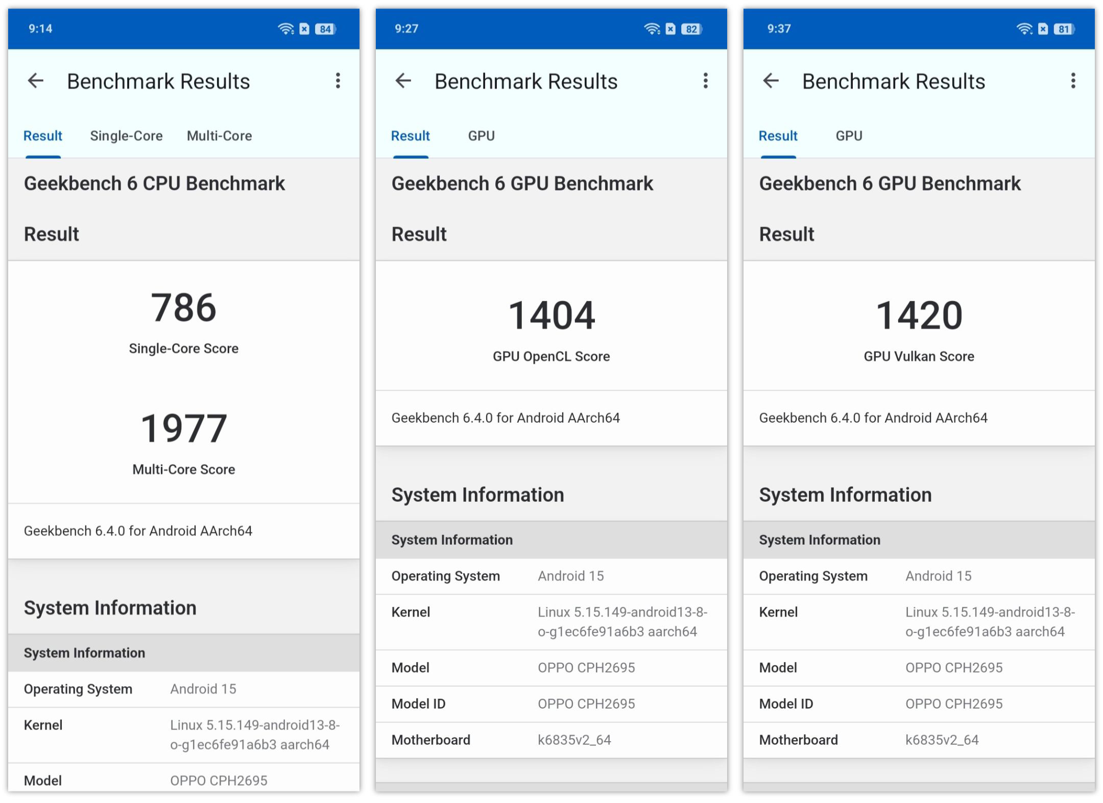 Kết quả điểm hiệu năng GeekBench 6 của OPPO A5 Pro 5G.