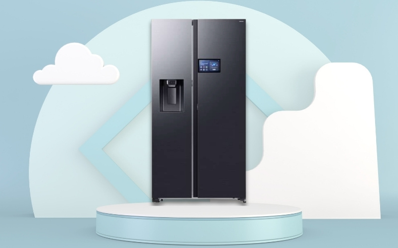 Tủ lạnh Samsung Inverter 615 l&iacute;t Side By Side AI Home RS90F65D2FSV trang bị m&agrave;n h&igrave;nh AI Home 9 inch b&ecirc;n ngo&agrave;i cửa tủ tự động k&iacute;ch hoạt khi đến gần, dễ d&agrave;ng điều chỉnh