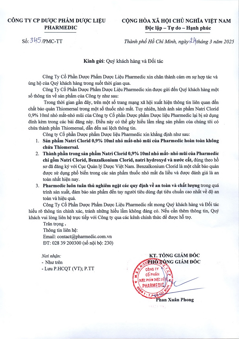 Công văn phản hồi NATRI CLORID 0,9%