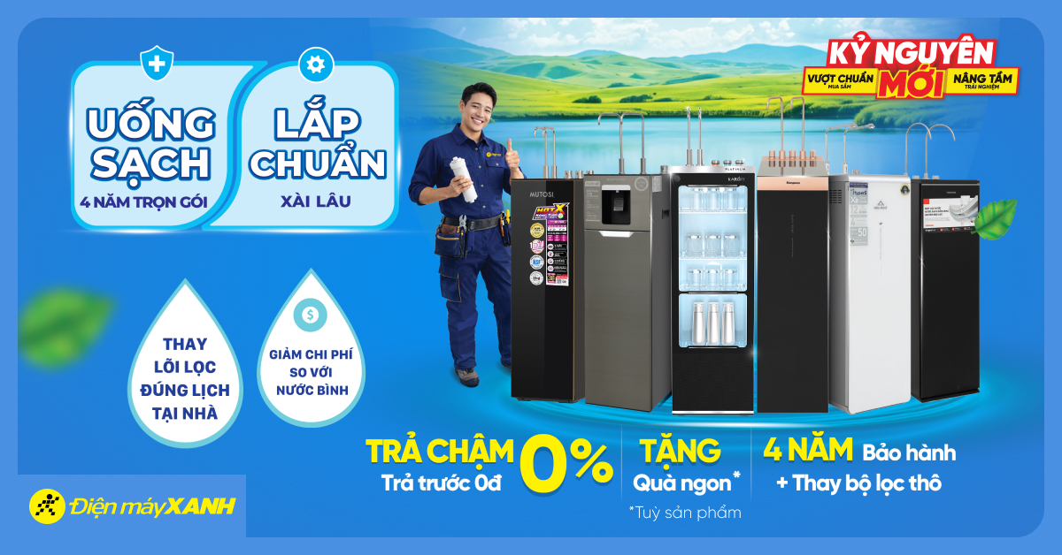 Khuyến m&atilde;i m&aacute;y lọc nước th&aacute;ng 7 tại Điện m&aacute;y XANH - Gi&aacute; ưu đ&atilde;i, trả chậm 0%, tặng tủ lạnh mini, quạt bản v&agrave; bộ lau nh&agrave;