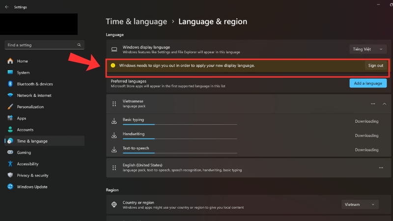 Chọn Sign out để Windows c&agrave;i đặt ng&ocirc;n ngữ