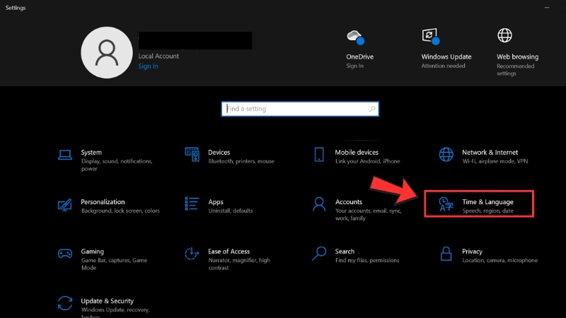  Chọn Time & Language