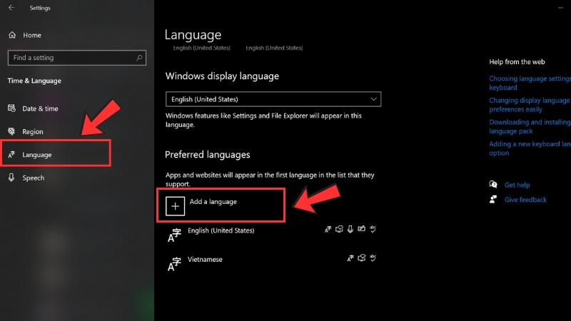 Nhấp v&agrave;o n&uacute;t Add a language