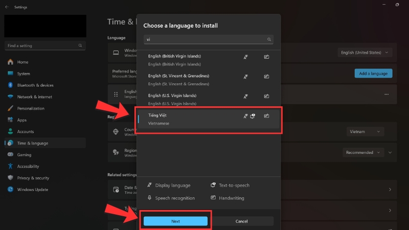 Nhập t&igrave;m kiếm ng&ocirc;n ngữ v&agrave; nhấn Next.