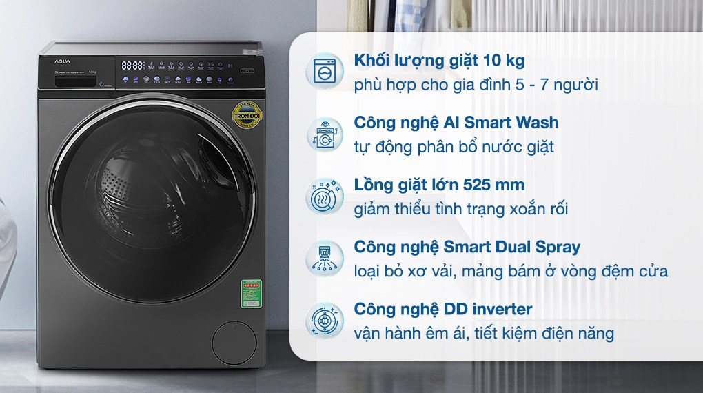 Máy giặt Aqua Inverter 10 kg AQD-DW1000J.BK có khối lượng giặt 10 kg, đáp ứng tốt nhu cầu giặt giũ cho từ 5 - 7 người