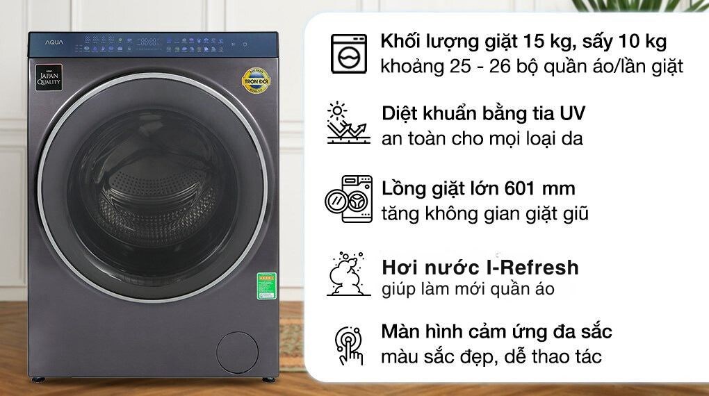 Máy giặt sấy Aqua Inverter giặt 15 kg - sấy 10 kg AQD-DH1500G PP phù hợp cho các gia đình bận rộn