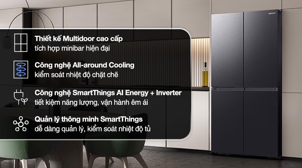 Tủ lạnh Samsung Inverter 648 lít Multi Door RF59C766FB1/SV có 4 cánh hiện đại và dễ sử dụng, phù hợp với hầu hết không gian nội thất