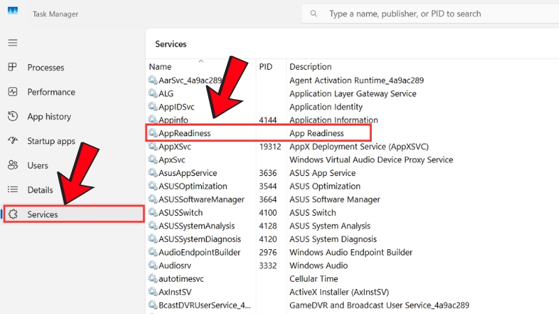 Chọn Service > nhấp chuột phải v&agrave;o mục App Readiness > nhấn Stop