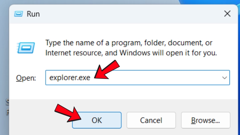 Nhập lệnh explorer.exe trong hộp thoại Run