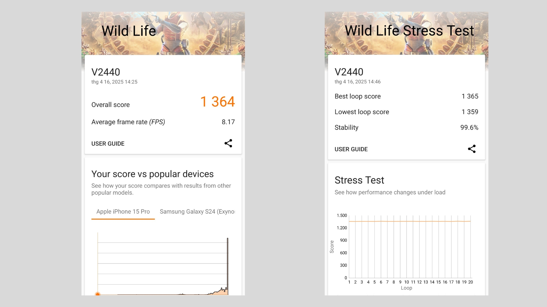 3DMark Wild Life Stress Test của vivo V50 Lite 5G.