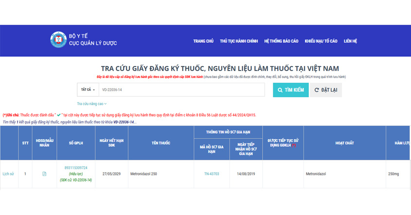 Trang Dịch vụ công trực tuyến của Cục Quản lý Dược, mục Đăng ký thuốc, tra cứu số đăng ký